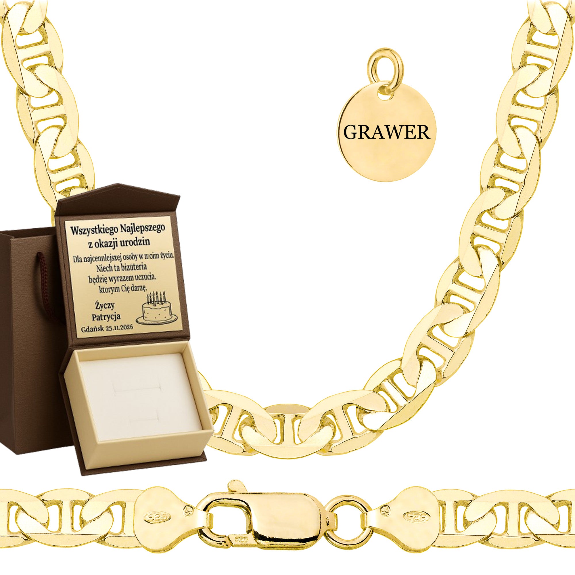 ŁAŃCUSZEK POZŁACANY SREBRNY GUCCI 8MM PR. 925 585