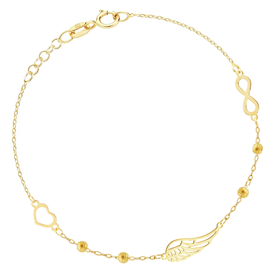 Złota bransoletka z sercem, skrzydłem i nieskończonością