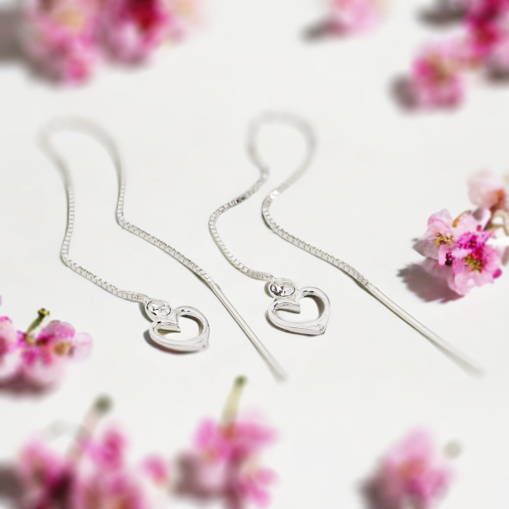 Kolczyki przekładane - podwójne łańcuszki serca z cyrkoniami