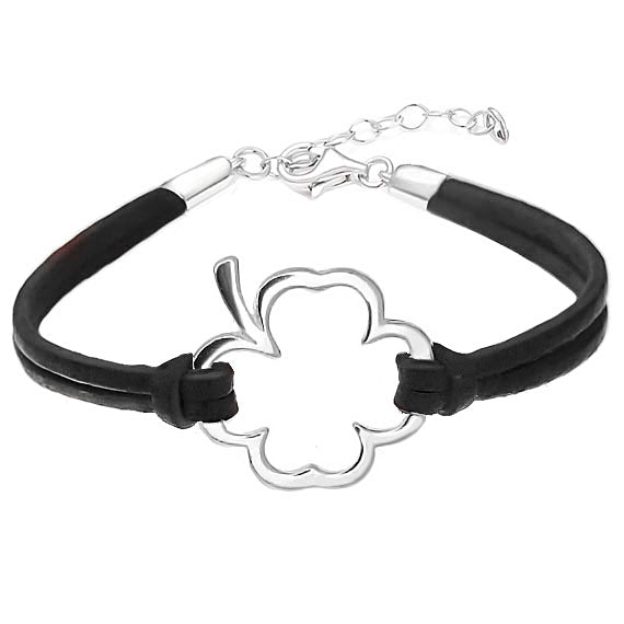 Bransoletka na czarnym rzemyku koniczyna