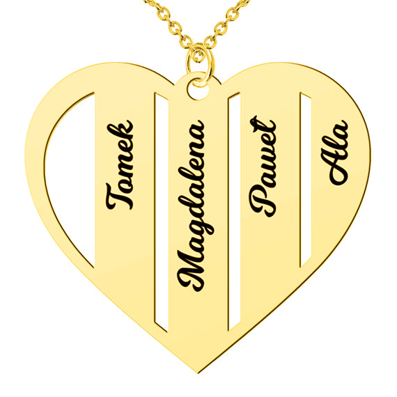 Naszyjnik serce z imionami dzieci - 4 imiona - pozłacany