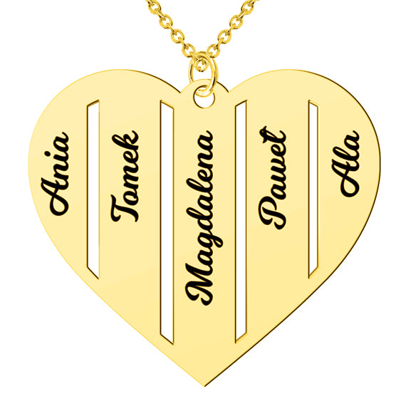 Naszyjnik serce z imionami dzieci - 5 imion - pozłacany
