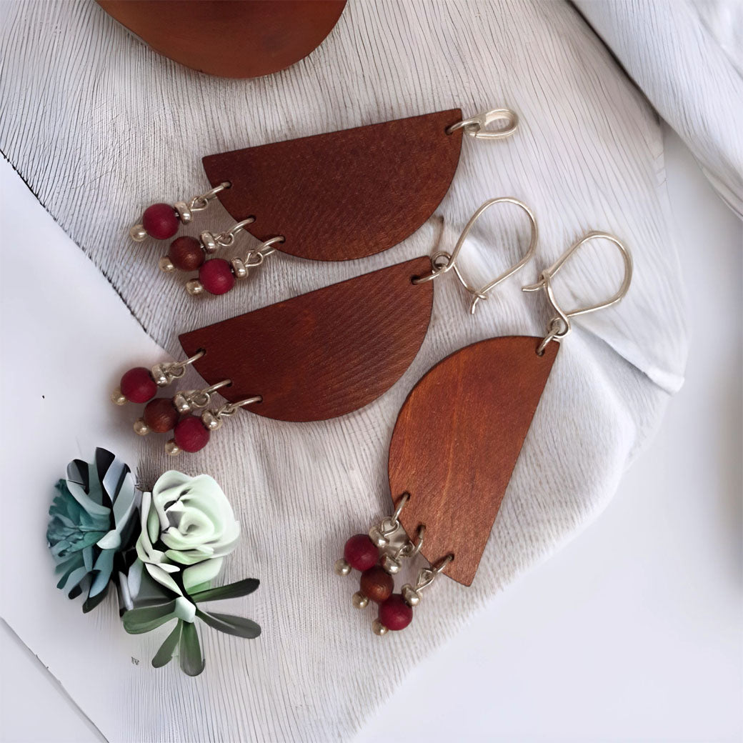 Kolczyki i wisiorek drewniane półkola