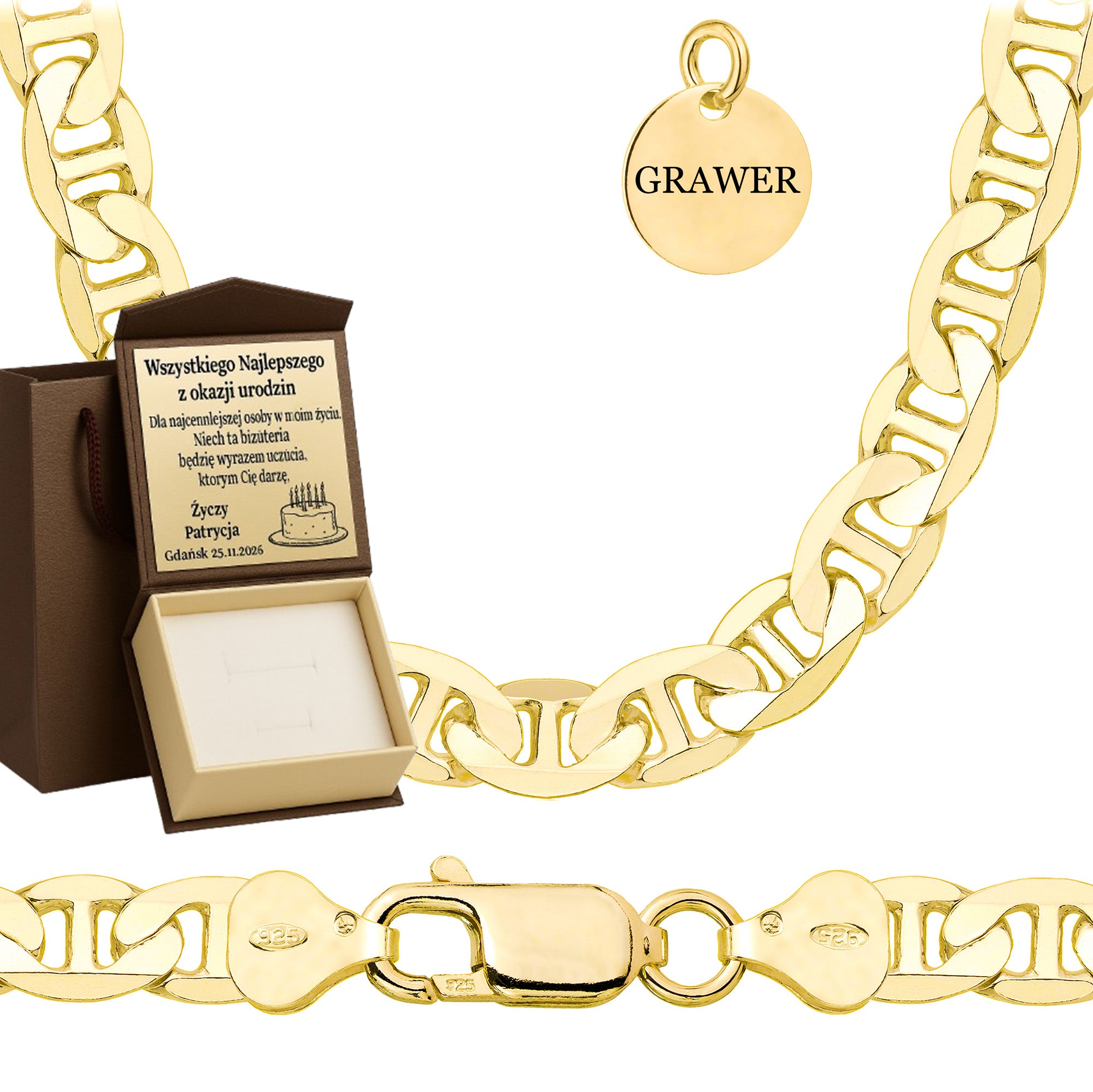 ŁAŃCUSZEK POZŁACANY SREBRNY GUCCI 10MM PR. 925 585