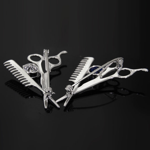 Broszka nożyczki i grzebień szafirowa cyrkonia