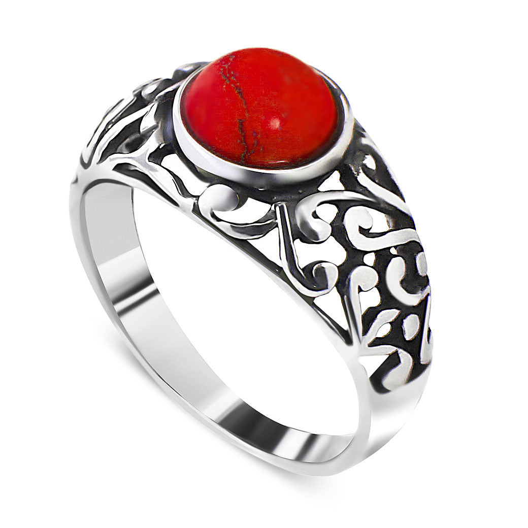 PIERŚCIONEK SREBRNY AŻUROWY KAMIEŃ KORAL 925