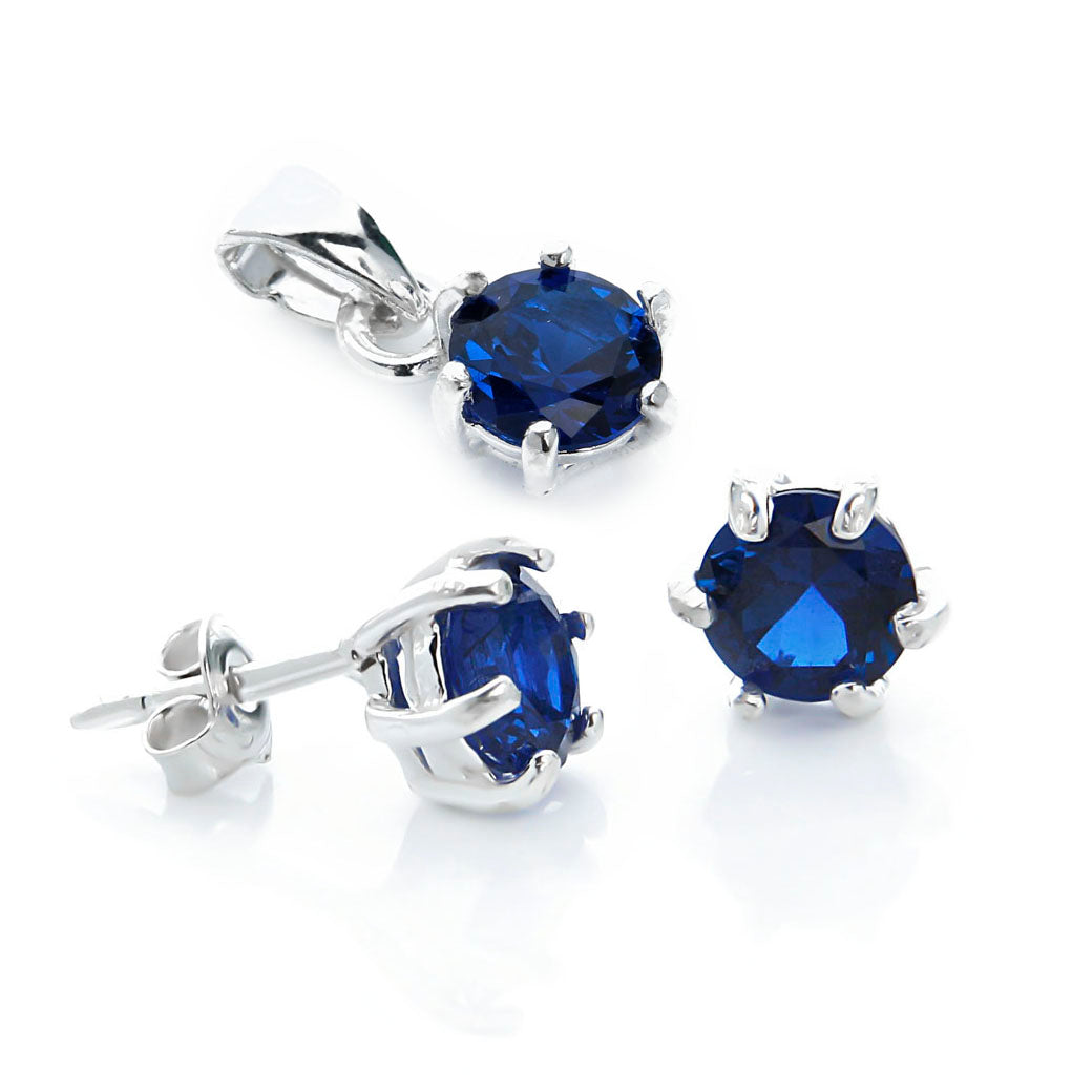 Komplet kolczyki i wisiorek szafirowe cyrkonie 7 mm