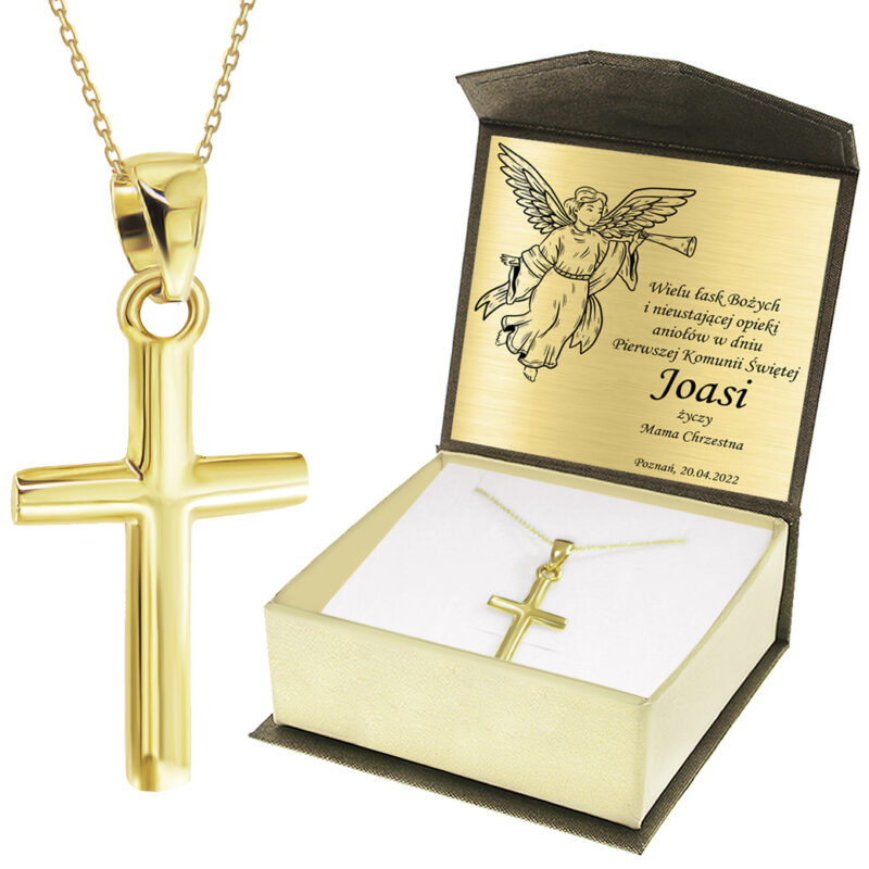 Krzyżyk z łańcuszkiem ze złota + pudełko z grawerem Pamiątka I Komunii Świętej