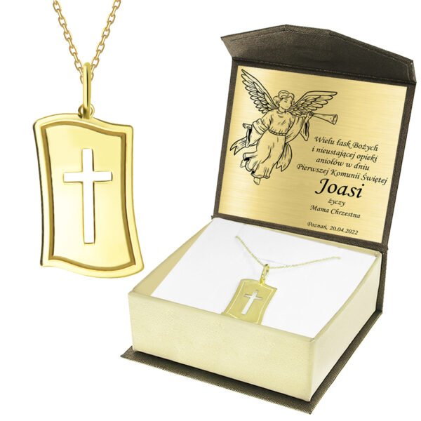 Krzyżyk z łańcuszkiem ze złota + pudełko z grawerem Pamiątka I Komunii Świętej